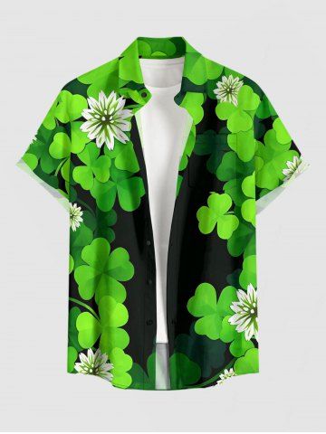 Plus Size Three Leaf Clover Flower Print St. Patrick's Day Hawaii Button Pocket Shirt For Men - GREEN - M