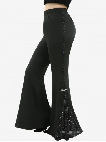 Pantalon évasé grande taille à patchwork d'étoiles argentées pailletées, nœud et poches - BLACK - L | US 12
