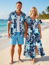 Hibiscus Flowers Tropical Leaf Print Matching Hawaii Beach Outfit For Couples -  