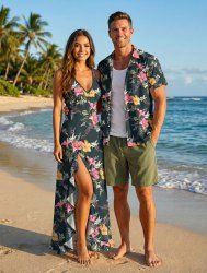 Hibiscus Flower Leaf Branch Print Matching Hawaii Beach Outfit For Couples -  