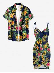 Tenue de plage hawaïenne assortie grande taille pour couples, imprimée tête de mort, ananas, feuilles tropicales et fleurs d'hibiscus - Cadetblue 