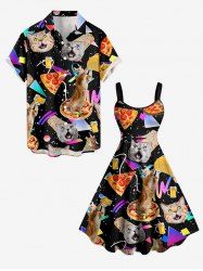 Cat Pizza Rolled Pancake Geometric Graphic Print Matching Hawaii Beach Outfit For Couples -  
