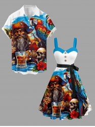 Skull Hibiscus Flower Parrot Pirate Beer Print Matching Hawaii Beach Outfit For Couples -  
