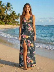 Robe hawaïenne à imprimé fleurs d'hibiscus, feuilles et branches, à volants et fente - Noir XL