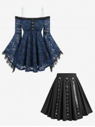 Flower Lace Overlay Hook and Eye Top and PU Strap Grommets A Line Skirt Outfit -  