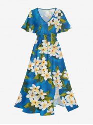 Flower Leaf Print Split Hawaii Midi Dress -  
