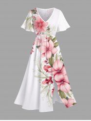 Robe mi-longue hawaïenne fendue à imprimé floral et feuilles grande taille - Blanc S