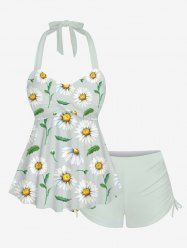 Plus Size Daisy Flowers Leaf Print Halter Cinched Boyleg Tankini Swimsuit -  