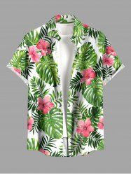 Chemise hawaïenne grande taille pour homme, à imprimé floral tropical et feuilles d'hibiscus, boutons et poche. - Vert L