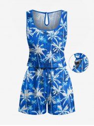 Coconut Tree Print Cinched Hawaii Romper -  