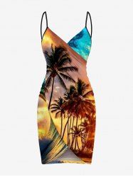Paréo de plage convertible grande taille à motif de cocotiers, vagues et soleil, style hawaïen - Jaune 2X