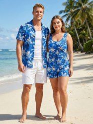 Matching Hawaii Shirt and Romper Beach Outfit Coconut Tree Printed for Couples -  