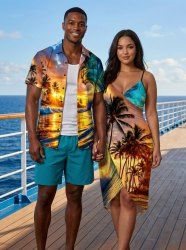 Tenue de plage hawaïenne assortie grande taille, imprimé vagues et cocotiers, pour couples - Jaune 