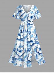 Robe mi-longue fendue hawaïenne à imprimé de cocotiers et d'hibiscus grande taille - Bleu clair 2X