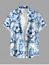 Chemise hawaïenne grande taille pour homme, à imprimé floral hibiscus et cocotiers, avec poches et boutons. - Bleu clair 6XL
