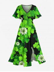 Three Leaf Clover Flower Print St. Patrick's Day Hawaii Split Pocket A Line Midi Dress -  