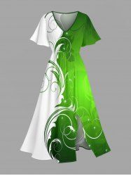 Curve Branch Print St. Patrick's Day Hawaii Split Pocket A Line Midi Dress -  