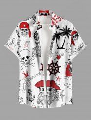 Plus Size Skull Pirate Coconut Tree Rudder Anchor Print Hawaii Button Pocket Shirt For Men -  