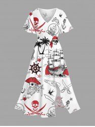Skull Pirate Coconut Tree Rudder Anchor Sailboat Print Hawaii Split A Line Midi Dress - Blanc 5X