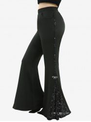 Pantalon flare grande taille à paillettes argentées, patchwork d'étoiles estampées, nœud et poches - Noir 2X | US 18-20