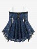 Flower Lace Overlay Hook and Eye Top and PU Strap Grommets A Line Skirt Outfit -  
