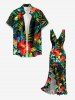 Robe hawaïenne à volants, imprimé de feuilles tropicales et fleurs d'hibiscus, fendue et cache-cœur, à volants et imprimé de feuilles tropicales - Noir M