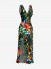 Robe hawaïenne à volants, imprimé de feuilles tropicales et fleurs d'hibiscus, fendue et cache-cœur, à volants et imprimé de feuilles tropicales - Noir M
