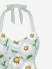 Plus Size Daisy Flowers Leaf Print Halter Cinched Boyleg Tankini Swimsuit -  