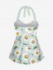 Plus Size Daisy Flowers Leaf Print Halter Cinched Boyleg Tankini Swimsuit -  