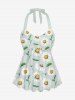 Plus Size Daisy Flowers Leaf Print Halter Cinched Boyleg Tankini Swimsuit -  