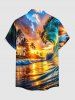 Plus Size Coconut Tree Sea Waves Sun Print Buttons Pocket Hawaii Shirt For Men -  