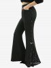 Pantalon flare grande taille à paillettes argentées, patchwork d'étoiles estampées, nœud et poches - Noir 2X | US 18-20