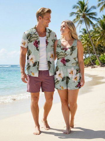 Matching Hawaii Shirt and Romper Plus Size Beach Outfit Hibiscus Flower Leaf Printed for Couples