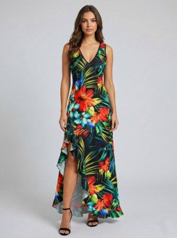 Hibiscus Flower Tropical Leaf Print Hawaii Ruffles Split Surplice Dress - BLACK - L