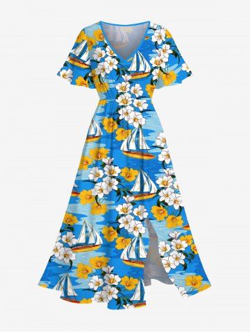 Robe midi fendue hawaïenne à imprimé floral et voilier grande taille - BLUE - 1X