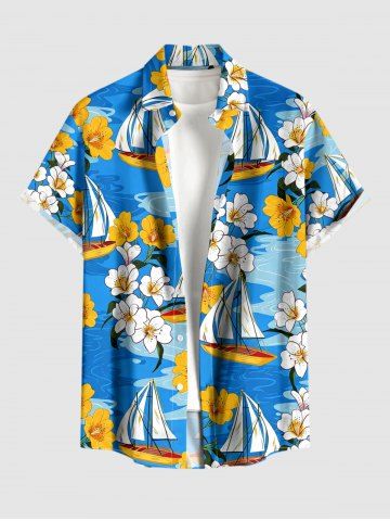Chemise hawaïenne grande taille pour homme, à imprimé floral, voilier et mer, avec boutons et poche. - BLUE - M