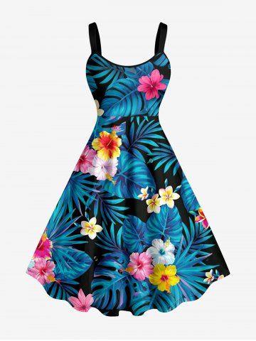 Robe débardeur hawaïenne à imprimé feuilles tropicales et fleurs d'hibiscus grande taille - BLUE - 6X