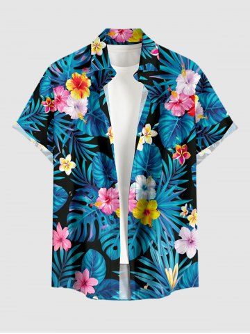 Chemise hawaïenne grande taille pour homme, à imprimé feuilles tropicales et fleurs d'hibiscus, boutons et poche. - BLUE - M