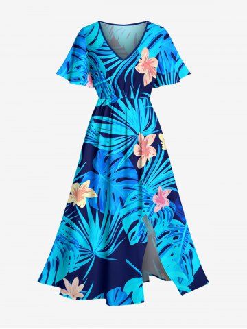 Plus Size Tropical Flower Leaf Print Split Hawaii Midi Dress - BLUE - XXS