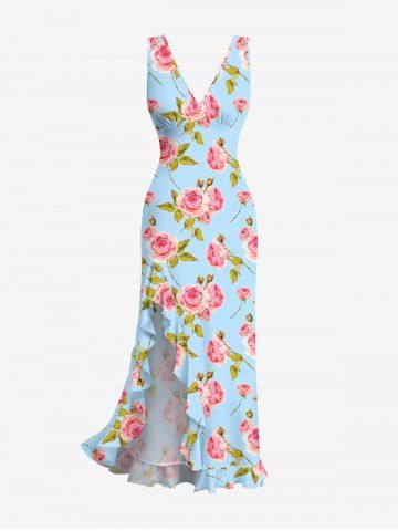 Robe hawaïenne à imprimé de roses et de feuilles, à volants et fente cache-cœur - LIGHT BLUE - XS