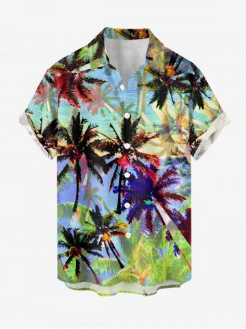 Plus Size Colorful Coconut Tree Print Buttons Pocket Hawaii Shirt For Men - GREEN - 4XL