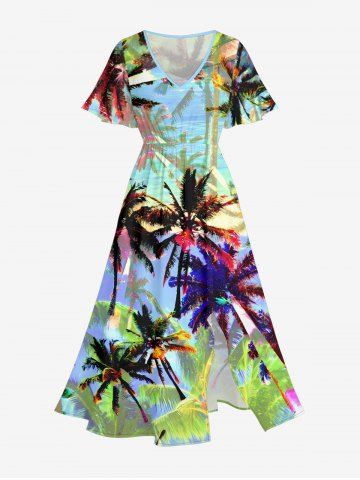 Robe mi-longue hawaïenne fendue à imprimé cocotier coloré grande taille - GREEN - 2X