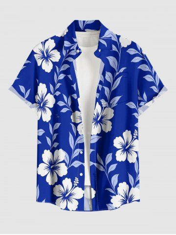 Chemise à poches boutonnées hawaïennes imprimée de branches d'hibiscus et de feuilles, grande taille, pour hommes - BLUE - 4XL