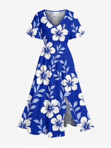 Robe midi trapèze grande taille à imprimé feuilles et hibiscus, style hawaïen, avec poches fendues - BLUE - 6X