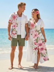 Ensemble de plage hawaïen assorti grande taille à imprimé fleurs et feuilles pour couples - Blanc 