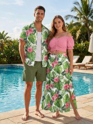 Hibiscus Flower Tropical Leaf Print Plus Size Matching Hawaii Beach Outfit For Couples -  