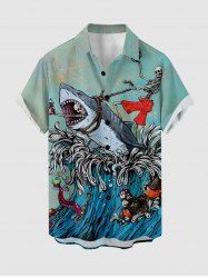 Chemise hawaïenne grande taille pour homme, imprimé squelette de requin et vagues, boutons et poche. - Bleu-gris M