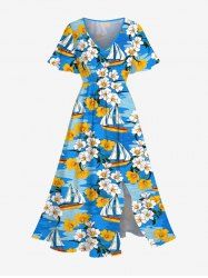 Flowers Sailboat Sea Print Split Hawaii Midi Dress -  