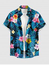 Chemise hawaïenne grande taille pour homme, à imprimé feuilles tropicales et fleurs d'hibiscus, boutons et poche. - Bleu M