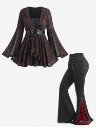 Lace-up Lace Trim Split Flare Sleeves Top and Floral Flocking Flare Pants Plus Size Outfit -  